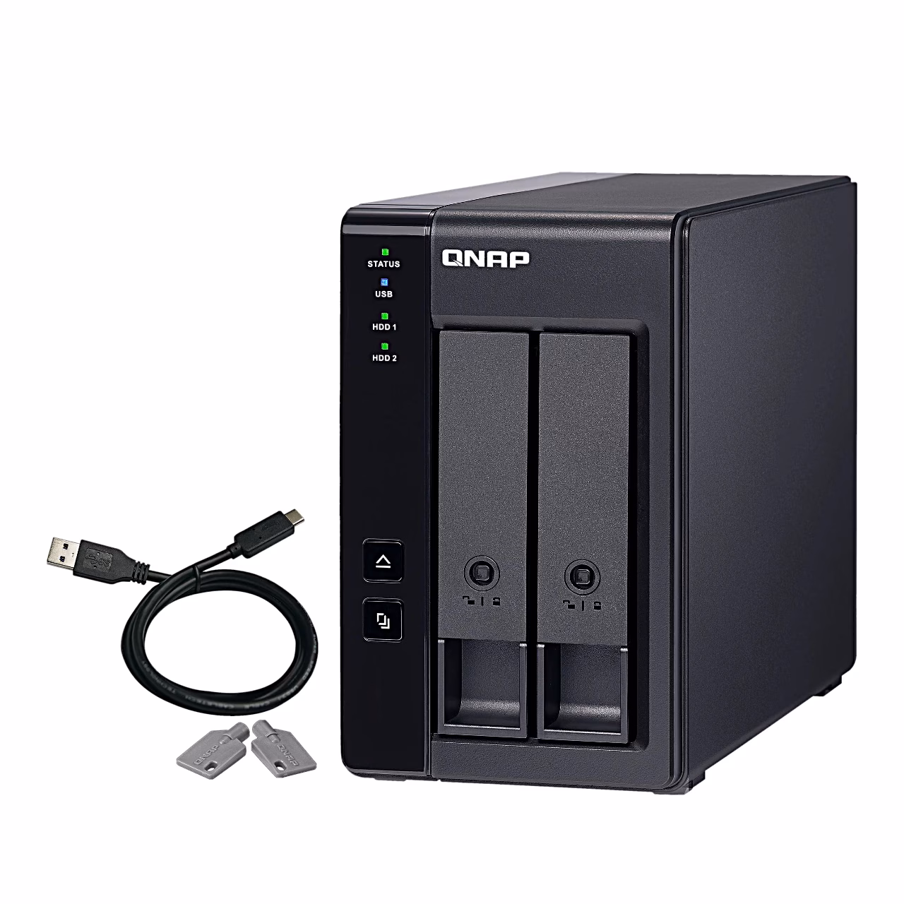 QNAP TR-002 kettakorpus eest paremalt koos USB-kaabli ja kahe võtmega