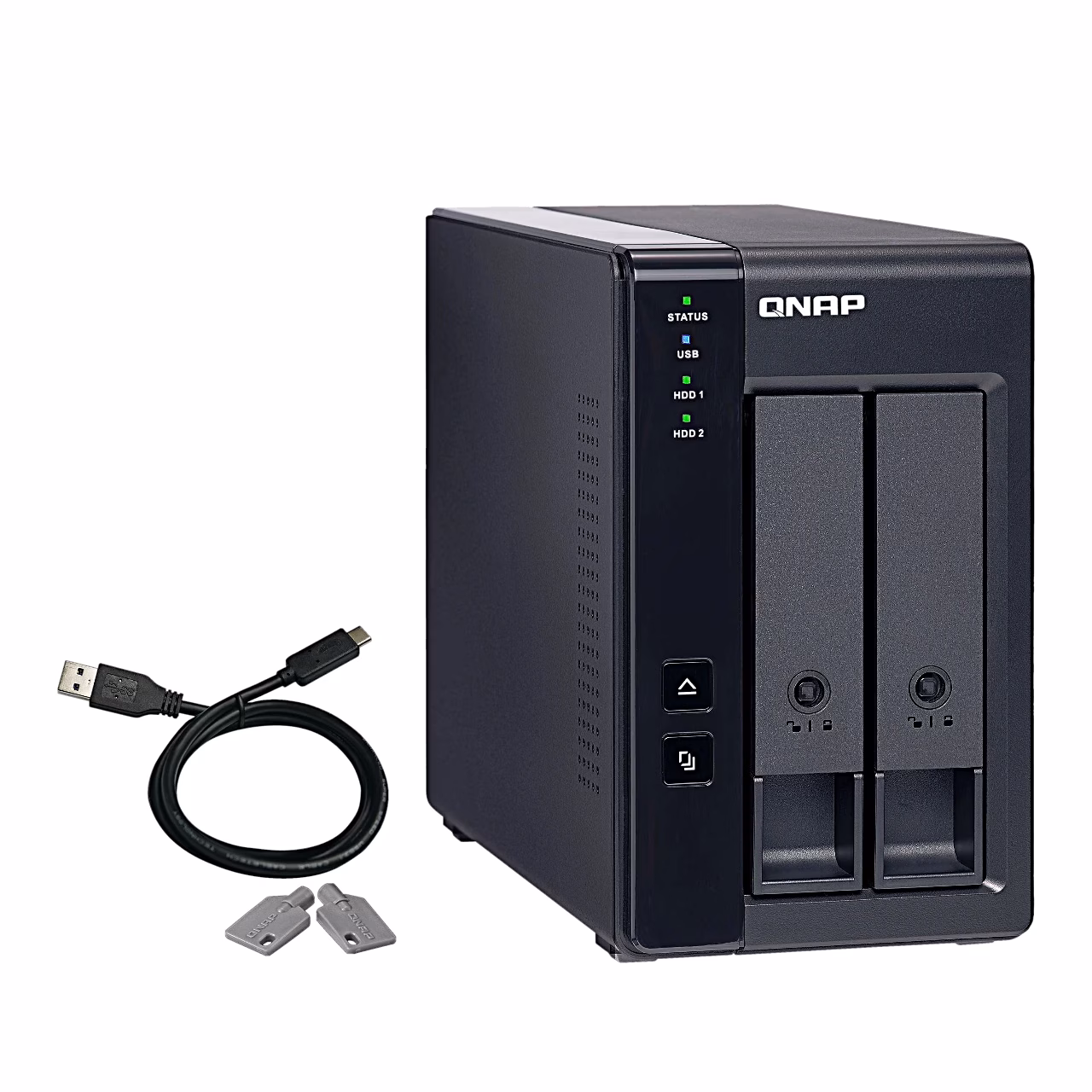 QNAP TR-002 RAID-korpus vasakult nurgast koos komplekti USB-kaabliga