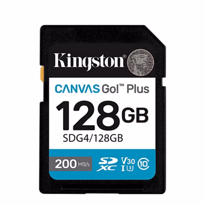 Kingston Canvas Go! Plus 128 GB SDXC-mälukaart musta korpusega eestvaates