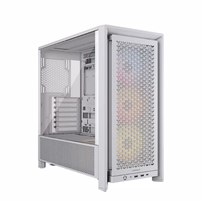 Valge Corsair FRAME 4000D RS ARGB arvutikorpus klaasist külgpaneeliga nurga alt
