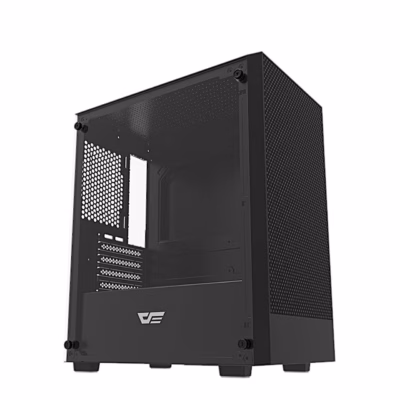 Must arvutikorpus darkFlash M305 nurga alt, klaasist külgpaneel ja perforeeritud esipaneel