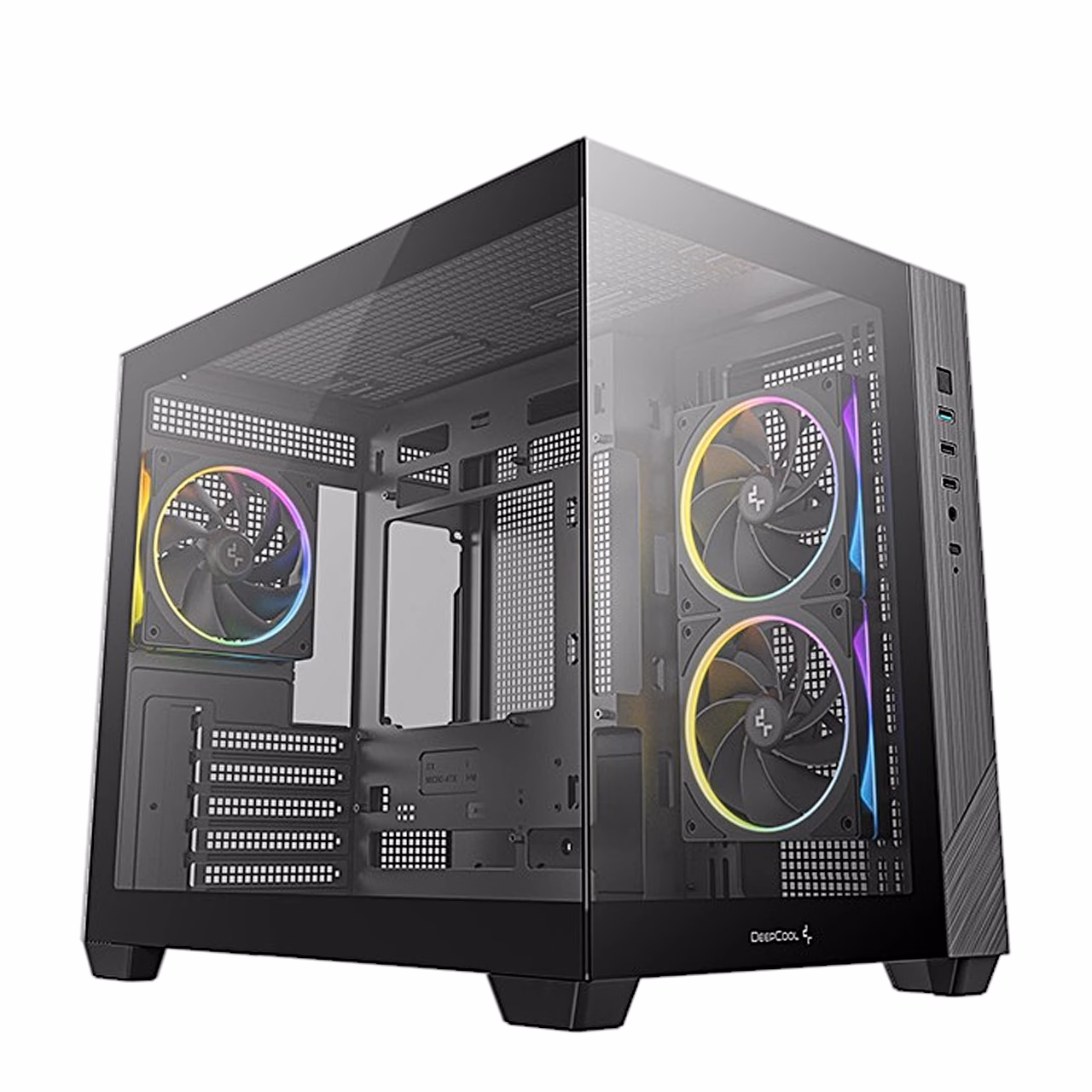 Arvuti korpus DeepCool CG330 3F eest nurga alt, põlevad ARGB-ventilaatorid