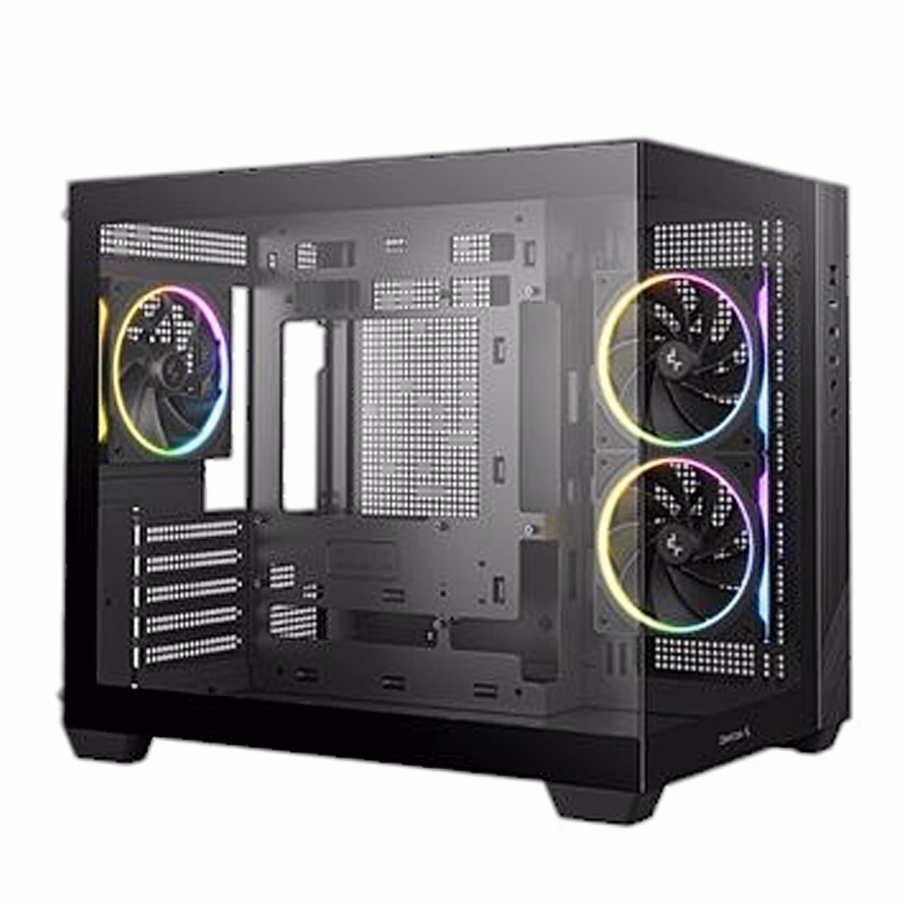 Arvutikorpus DeepCool CG330 3F, klaaspaneeli vaade kolme ARGB-ventilaatoriga