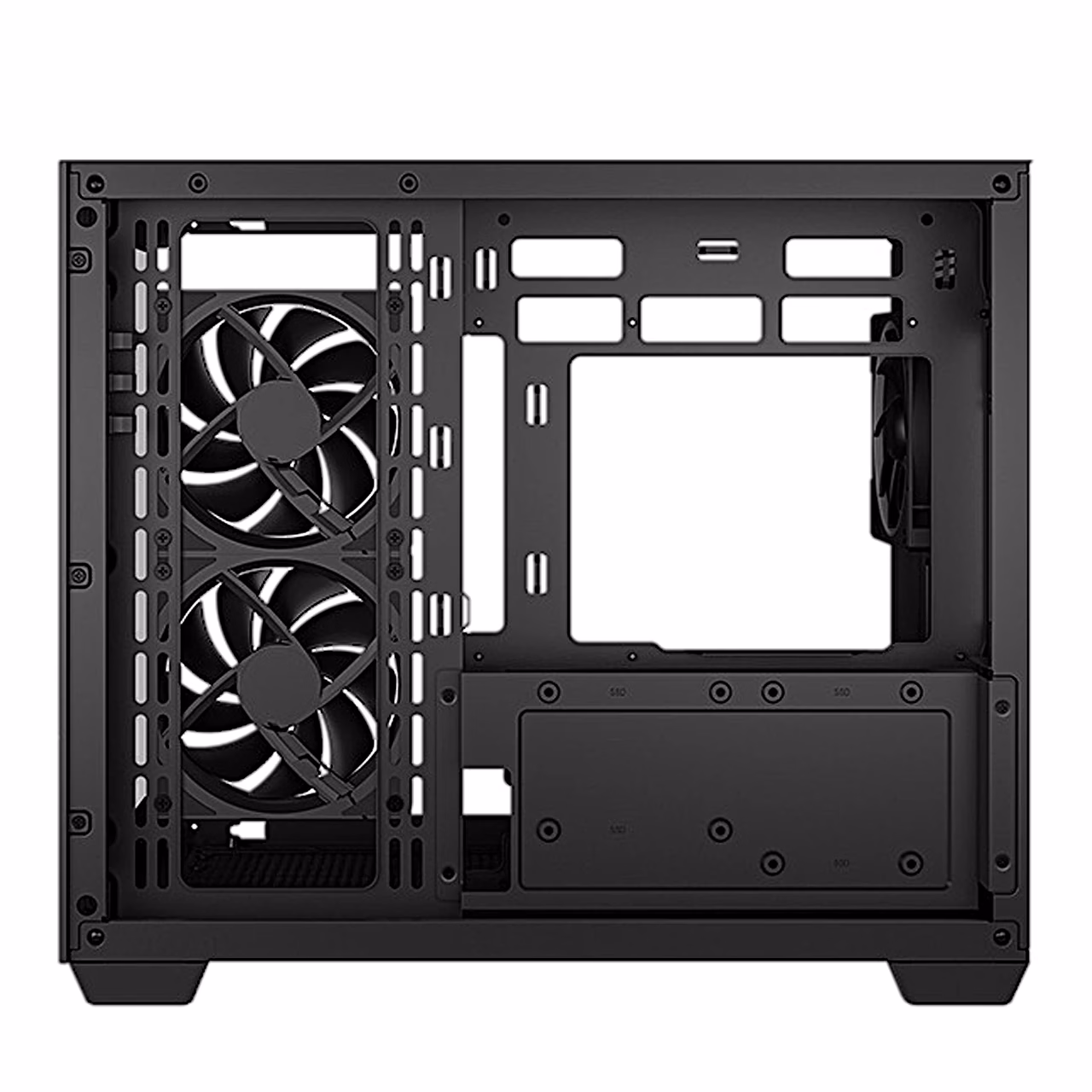 Arvutikorpuse DeepCool CG330 3F sisemus küljelt, ventilaatorid ja emaplaadi alus