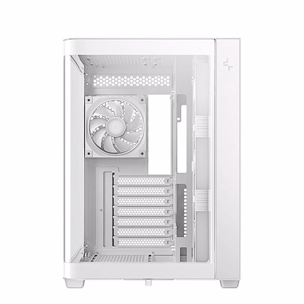 Valge DeepCool CG530U 4F WH eestvaade läbi klaasi koos tagaventilaatoriga