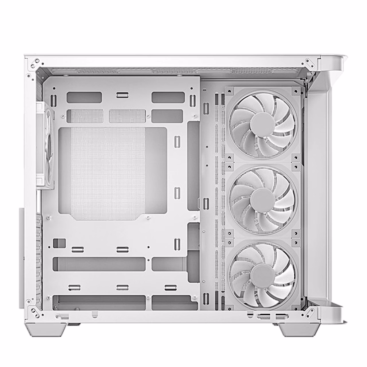 DeepCool CG530U 4F WH emaplaadikamber ja kolm külgventilaatorit küljelt
