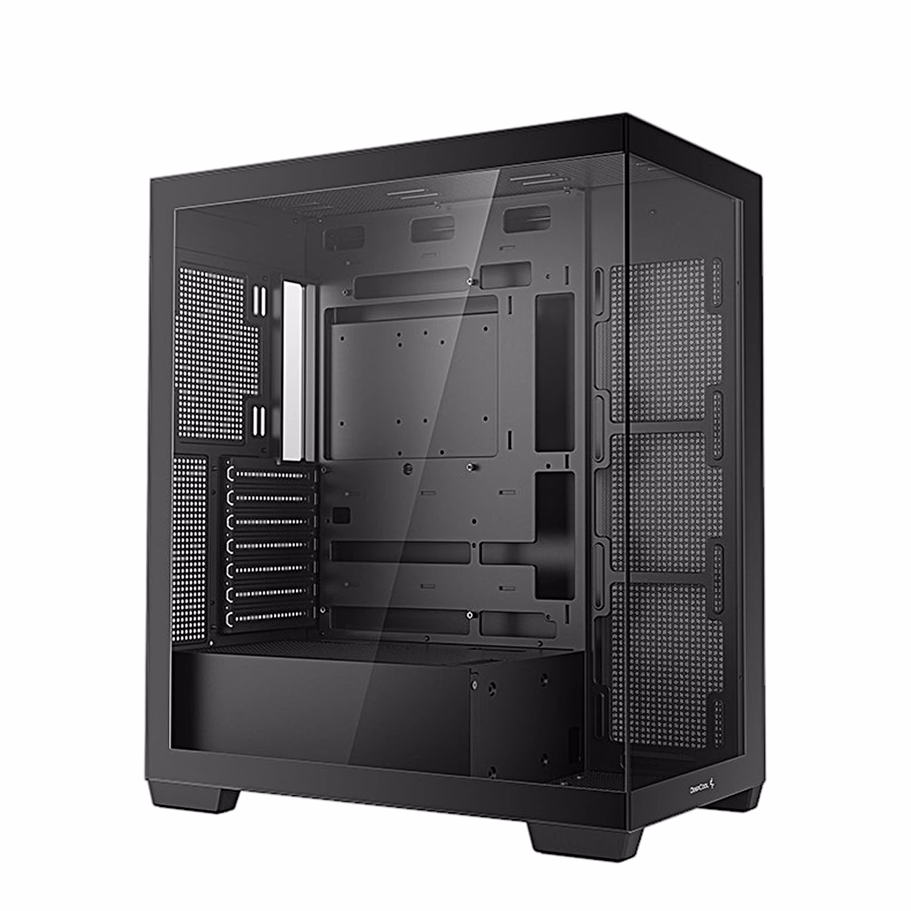 DeepCool CG580 korpus küljelt nurga alt, läbi klaasi paistab emaplaadi alus