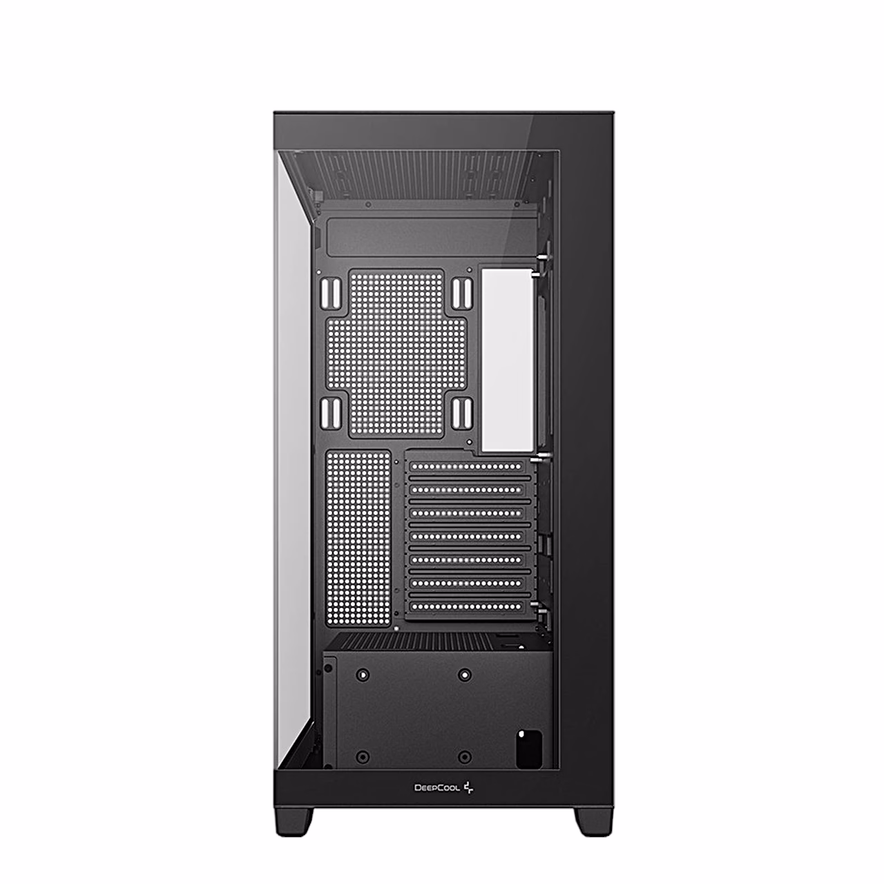 DeepCool CG580 eestvaade läbi klaasist esipaneeli laienduspesade ja toiteploki kattega