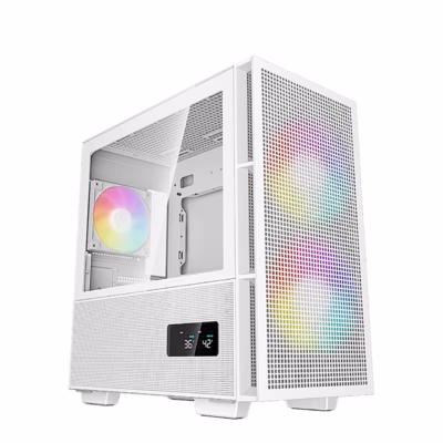 Valge arvutikorpus DeepCool CH360 DIGITAL klaasist külgpaneeli ja ARGB-ventilaatoritega nurga alt