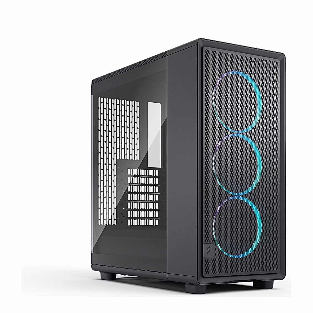 Must Fractal Design Epoch RGB arvutikorpus toonitud klaaspaneeliga nurga alt