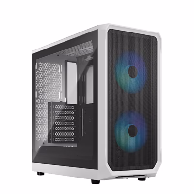 Valge arvutikorpus Fractal Design Focus 2 RGB eest ja klaasist külgpaneeli poolt
