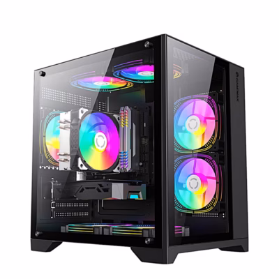 Must arvutikorpus Gamemax Infinity Mini eest nurga alt, sees värvilised ARGB-ventilaatorid