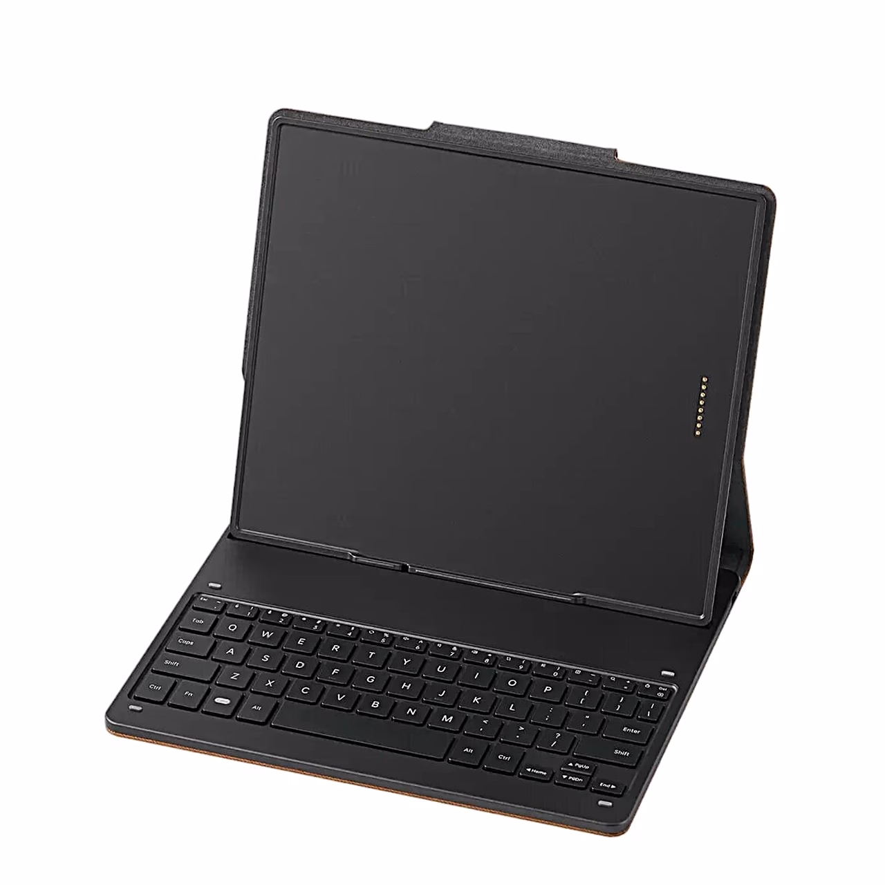 Onyx BOOX Note Air ümbris lauaalusena, ekraan püsti QWERTY-klaviatuuri taga