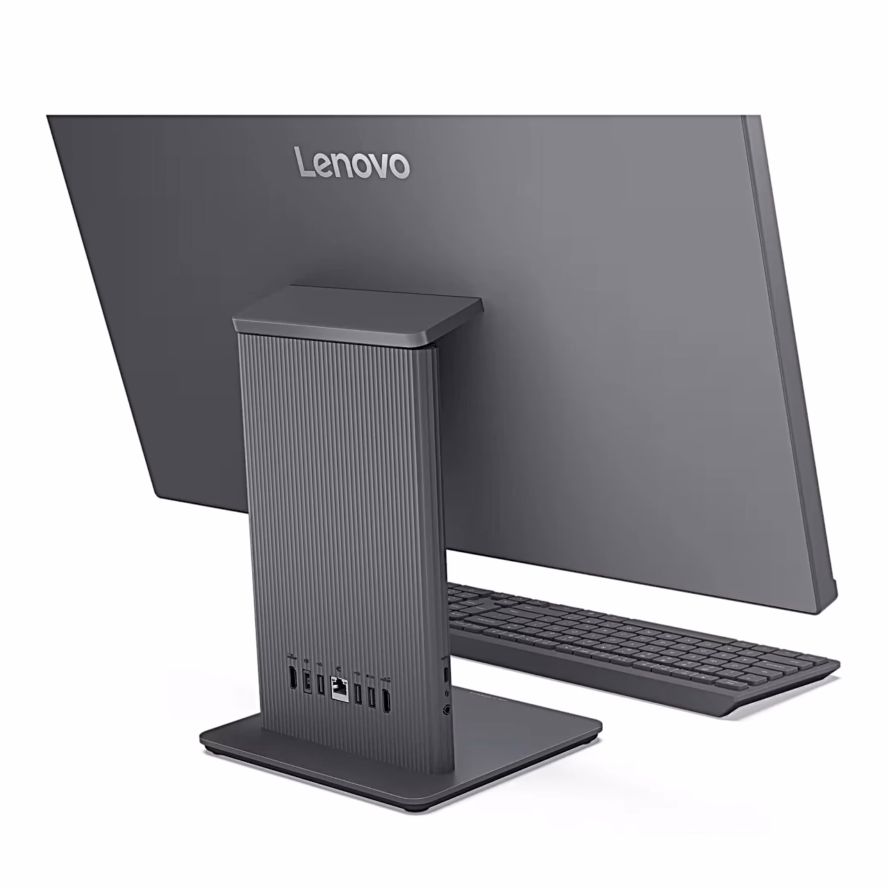 Lenovo IdeaCentre 27ARR9 jala tagakülg lähemalt koos klaviatuuriga