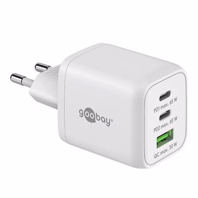 Valge seinalaadija Goobay Multiport Nano, kaks USB-C- ja üks USB-A-port