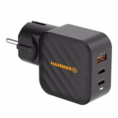 Must Hammer RapidCharge 65 W seinalaadija, üks USB-A- ja kaks USB-C-porti