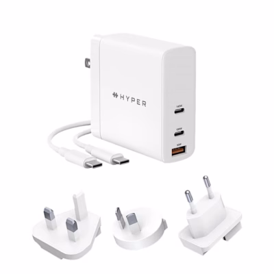 Valge Hyper HyperJuice 140 W seinalaadija, USB-C-kaabel ja kolm pistikuotsikut