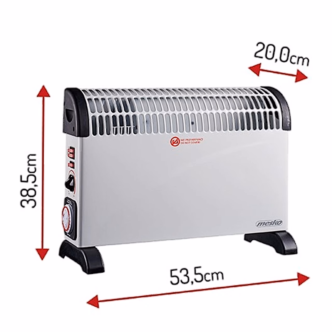 Mõõtjoonis: konvektor Mesko MS 7741, laius 53,5 cm, sügavus 20 cm, kõrgus 38,5 cm