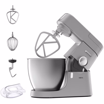 Köögikombain Kenwood Chef XL KVL4110S tõstetud mootoripeaga, kõrval segamisotsik, vispel, taignakonks ja pritsmekaitse