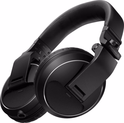 Mustad DJ-kõrvaklapid Pioneer HDJ-X5-K poolküljelt, kõrvakupul hõbedane äärisjoon