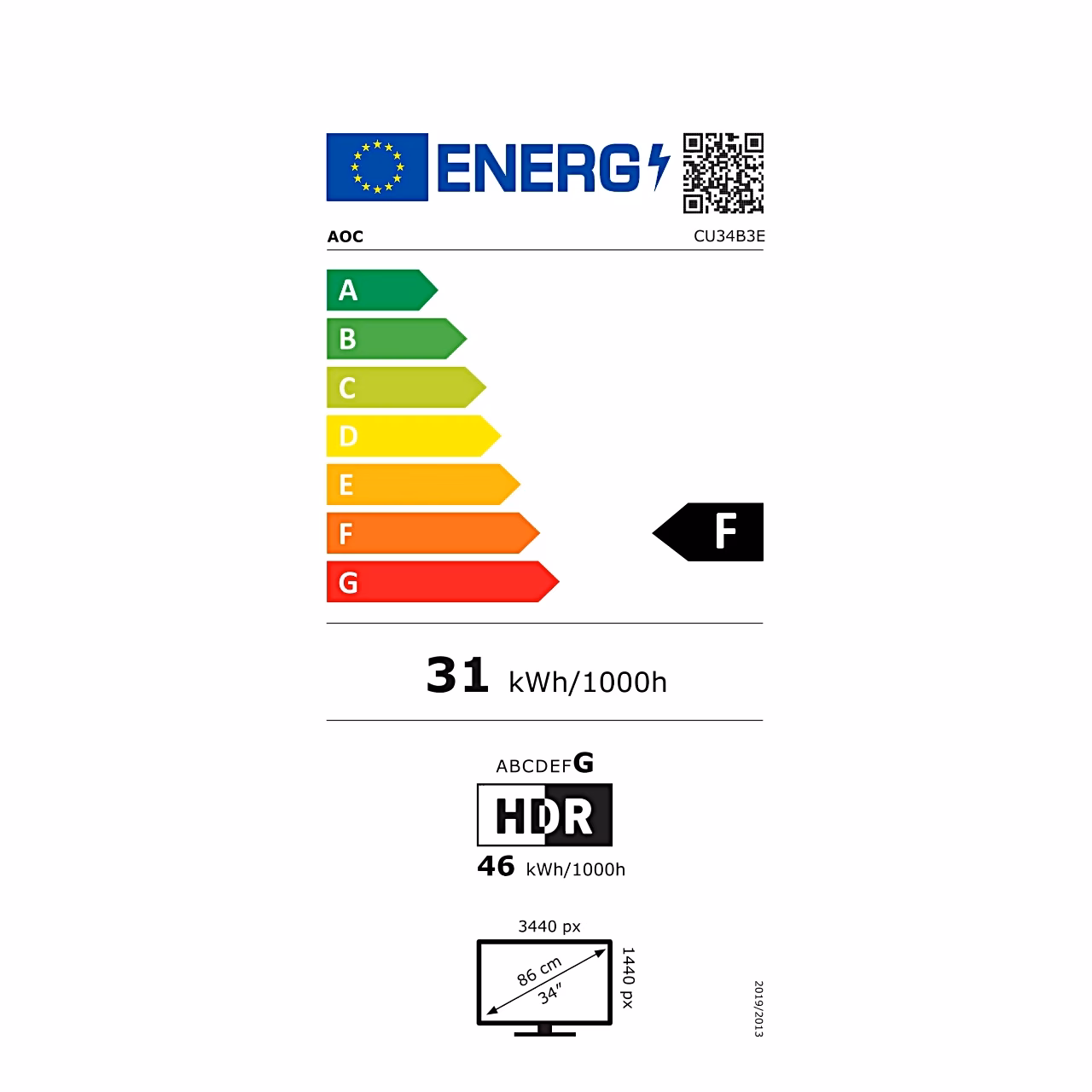 AOC CU34B3E energiamärgis, SDR-klass F ja HDR-klass G skaalal A–G
