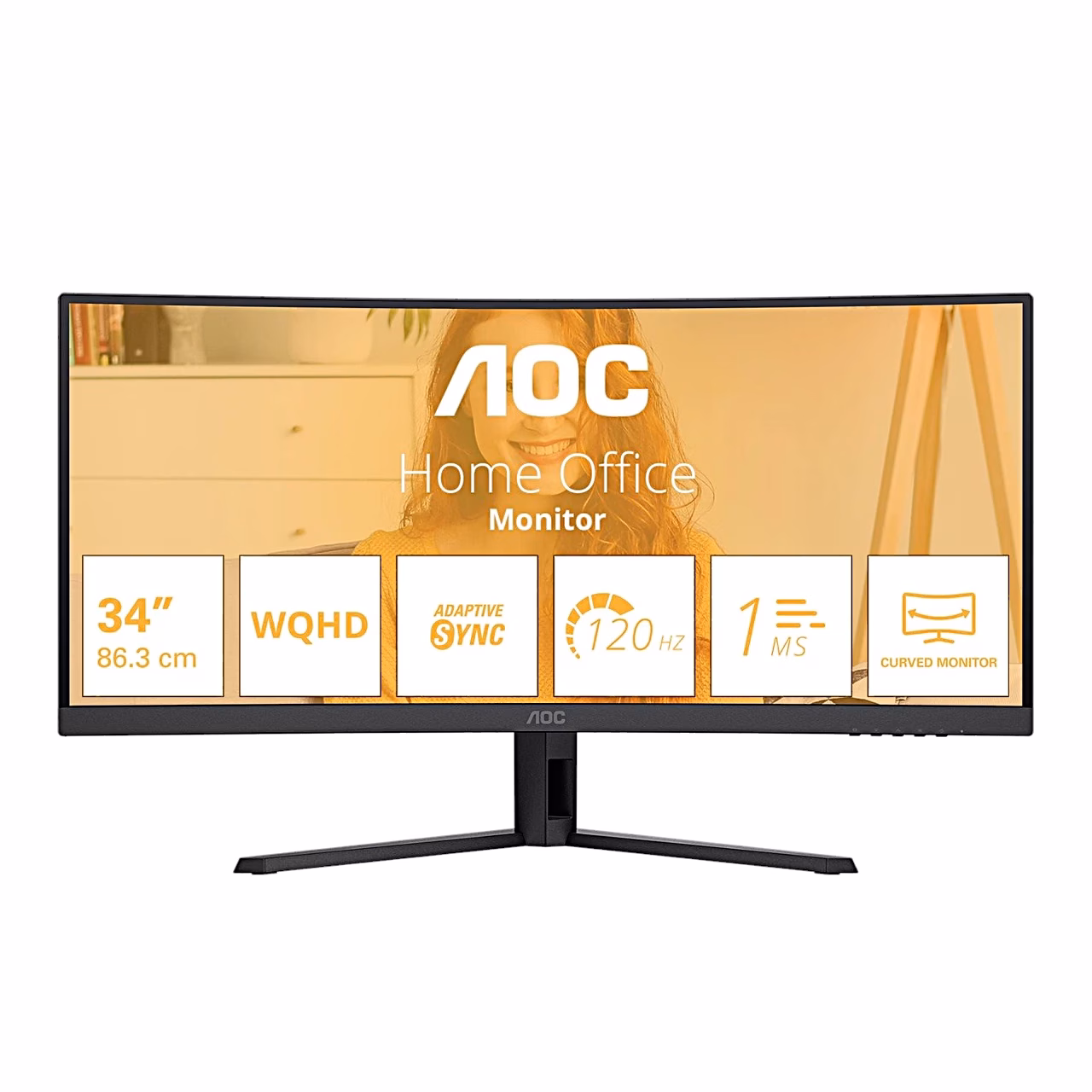 AOC CU34B3E eestvaade, ekraanil 34-tollise WQHD Home Office monitori tähised