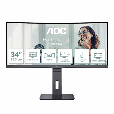 AOC CU34P3CV kumer monitor eestvaates omaduste ikoonidega ekraanil