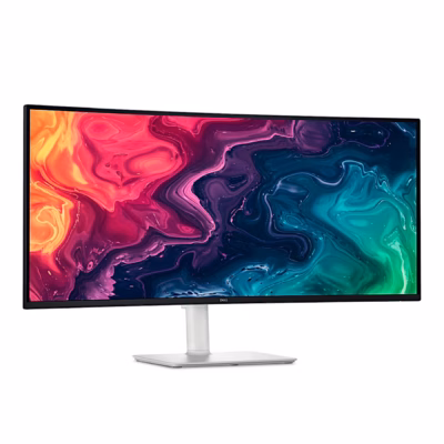 Dell S3425DW valge kumer arvutimonitor vasakult nurga alt, värviline muster ekraanil