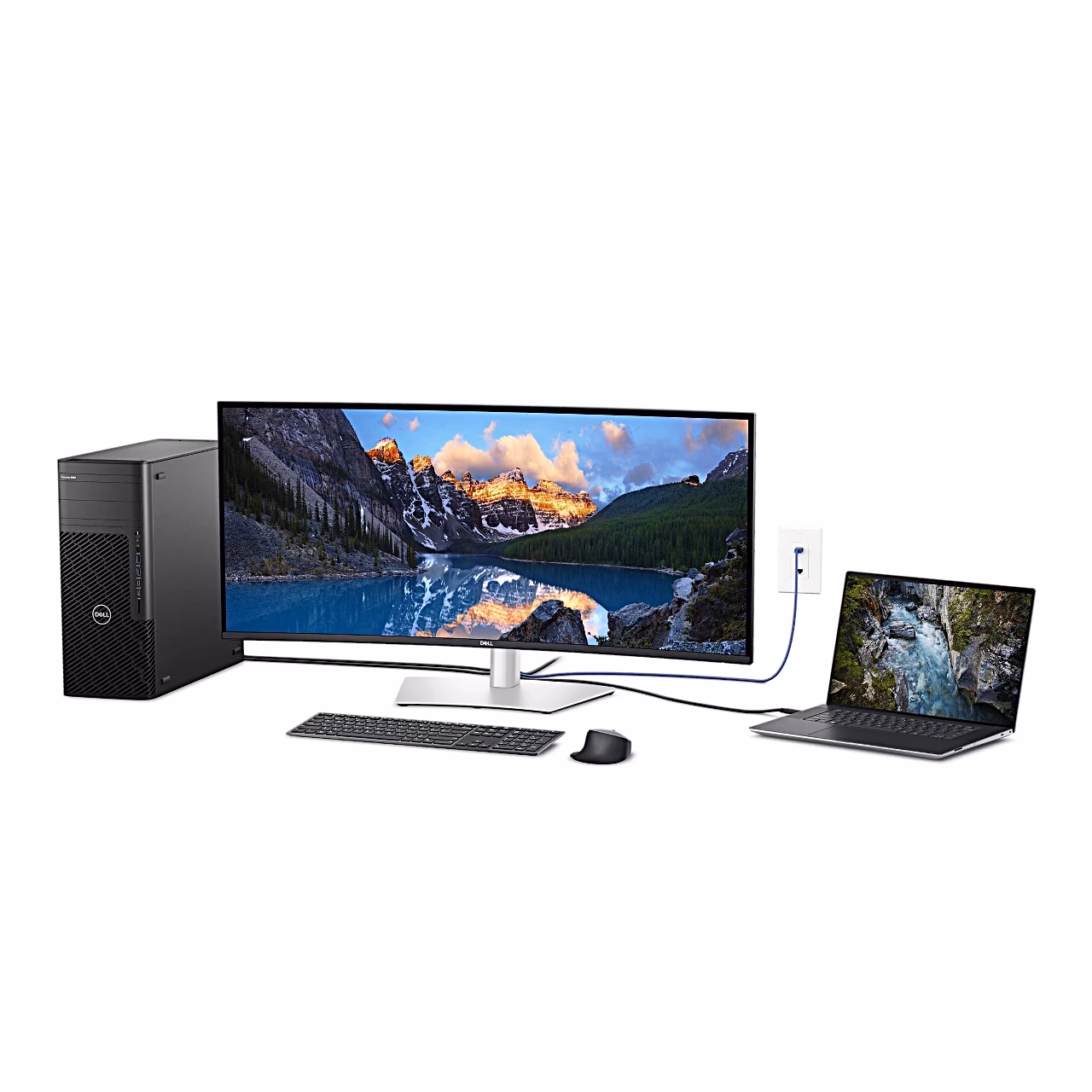 Dell UltraSharp U4025QW monitor töölaual koos arvuti ja sülearvutiga