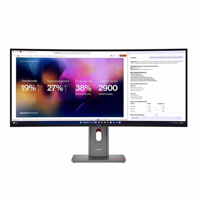 Kumer arvutimonitor Lenovo ThinkVision P40WD-40 eestvaates kahe avatud aknaga
