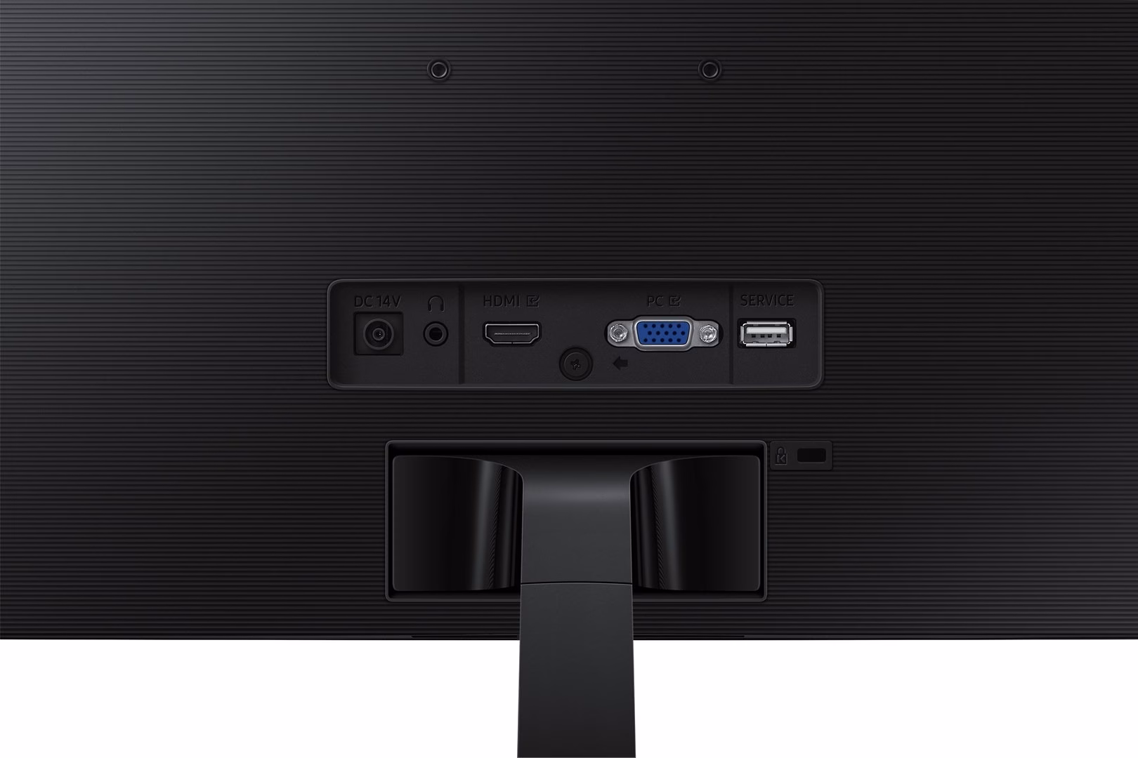 Samsung S36GD tagakülje lähivaade, toite-, HDMI- ja D-Sub-pesad