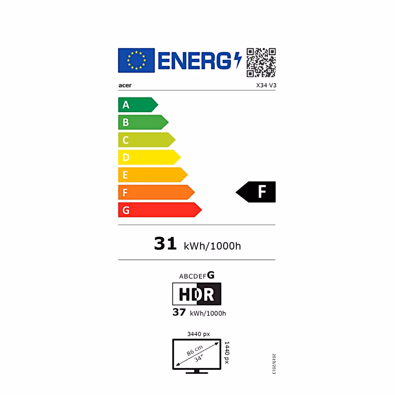 Energiamärgis: Acer X34 V3, energiatõhususe klass F (skaala A–G), HDR-klass G