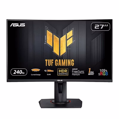 Kumer mängurimonitor ASUS TUF Gaming VG27VQM eestvaates, ekraanil TUF Gamingu logo