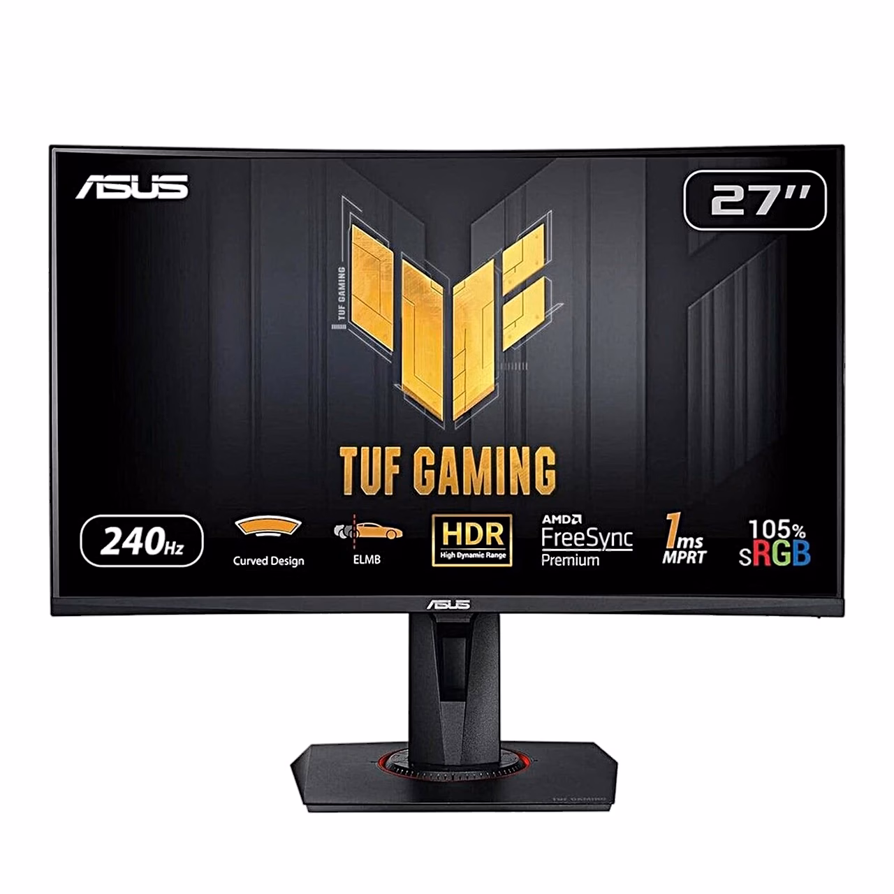 Kumer mängurimonitor ASUS TUF Gaming VG27VQM eestvaates, ekraanil TUF Gamingu logo