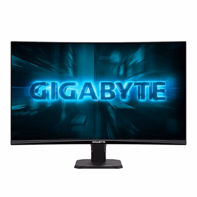 Kumer mängurimonitor Gigabyte GS27FCA EK otse eestvaates alusel