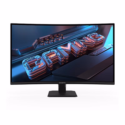 Kumer mängurimonitor Gigabyte GS32QCA EK otse eestvaates alusel