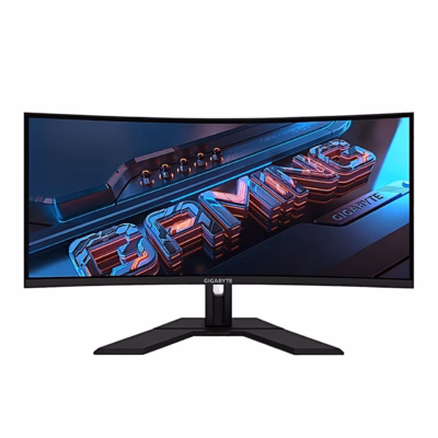 Kumer mängurimonitor Gigabyte GS34WQC A eestvaates jalal