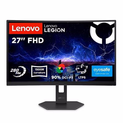 Kumer mängurimonitor Lenovo Legion 27-2c eestvaates, ekraanil 280 Hz ja 1500R tähised