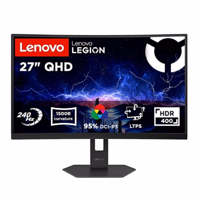 Lenovo Legion 27Q-2c kumer kuvar eestvaates, ekraanil 240 Hz ja HDR 400 märgised