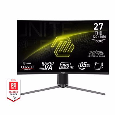 MSI MAG 276CPXF kumer kuvar eestvaates, ekraanil 280 Hz ja 1500R märgised