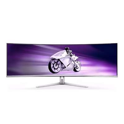 Kumer mängurimonitor Philips Evnia 49M2C8900 eest, ekraanil valge mootorratas