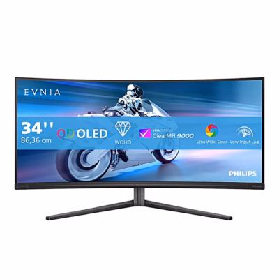 Kumer mängurimonitor Philips Evnia 34M2C6500 eest, ekraanil QD OLED ja ClearMR ikoonid