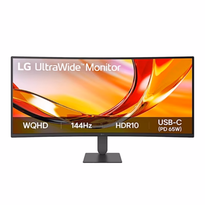 Kumer arvutimonitor LG 34U640B-B eestvaates, ekraanil tootegraafika