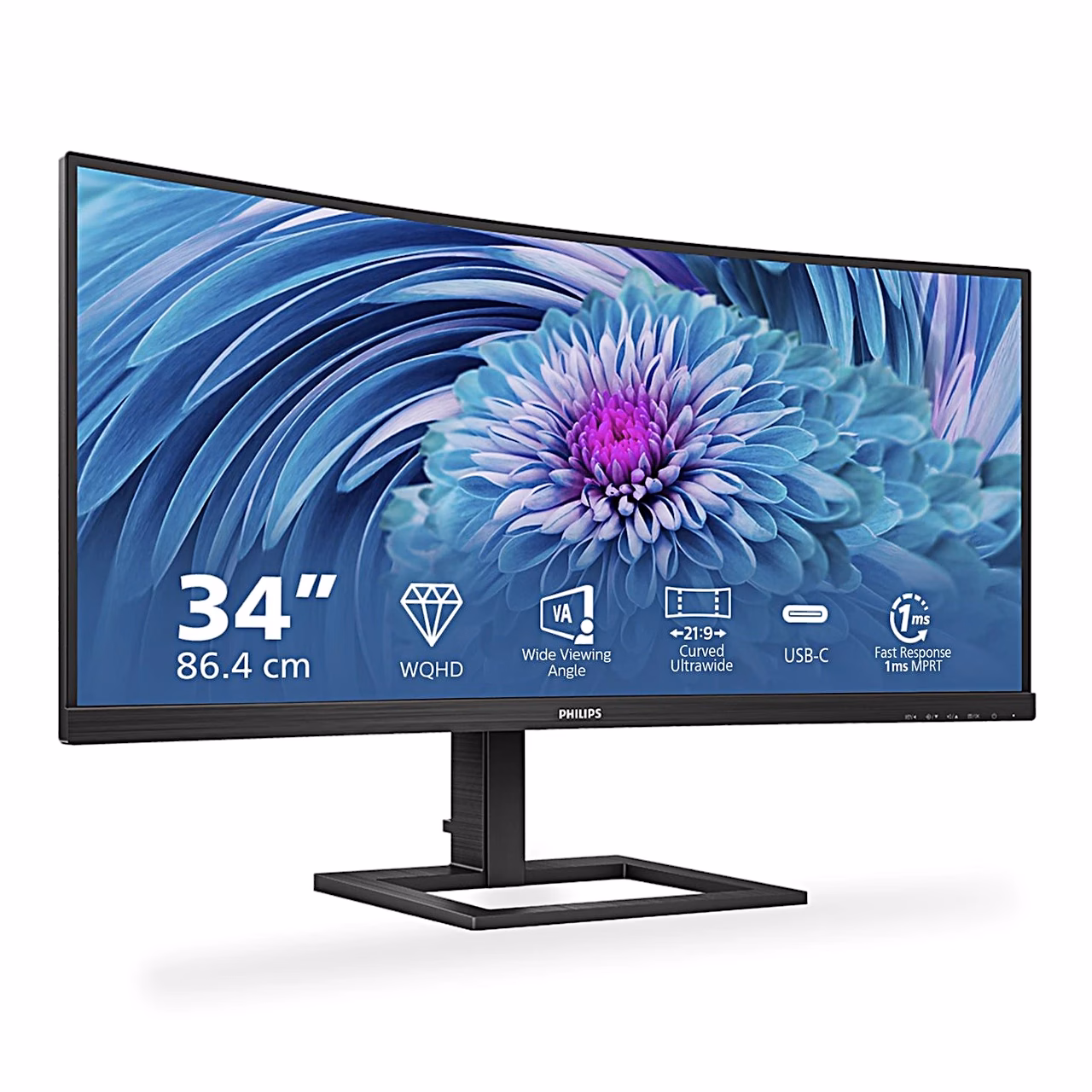 Philips 346E2CUAE ekraanil tehniliste andmete ikoonid, vaade vasakult