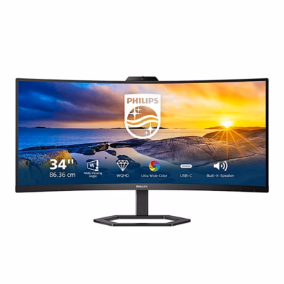Kumer arvutimonitor Philips 34E1C5600HE eestvaates, ekraanil 34-tollise diagonaali ja funktsioonide ikoonid