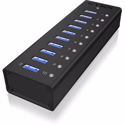 USB-jagaja ICY BOX IB-AC6110 kümne nummerdatud USB 3.0 pordiga, vaade nurga alt
