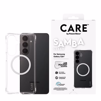 Läbipaistev telefoniümbris CARE Samba Samsung Galaxy S26+ telefoni ja pakendi kõrval