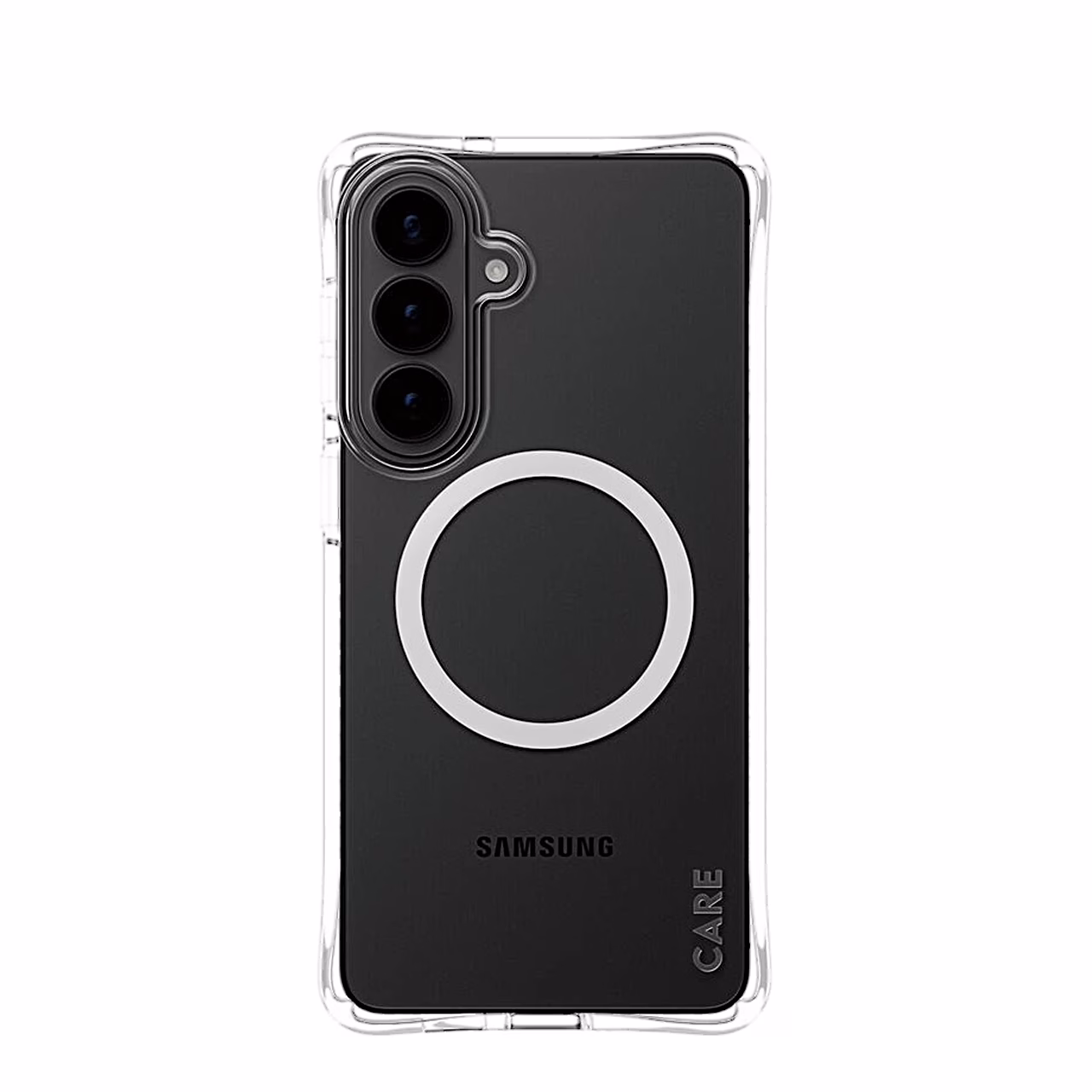 Samsung Galaxy S26+ läbipaistvas CARE Samba ümbrises valge magnetrõngaga tagantvaates