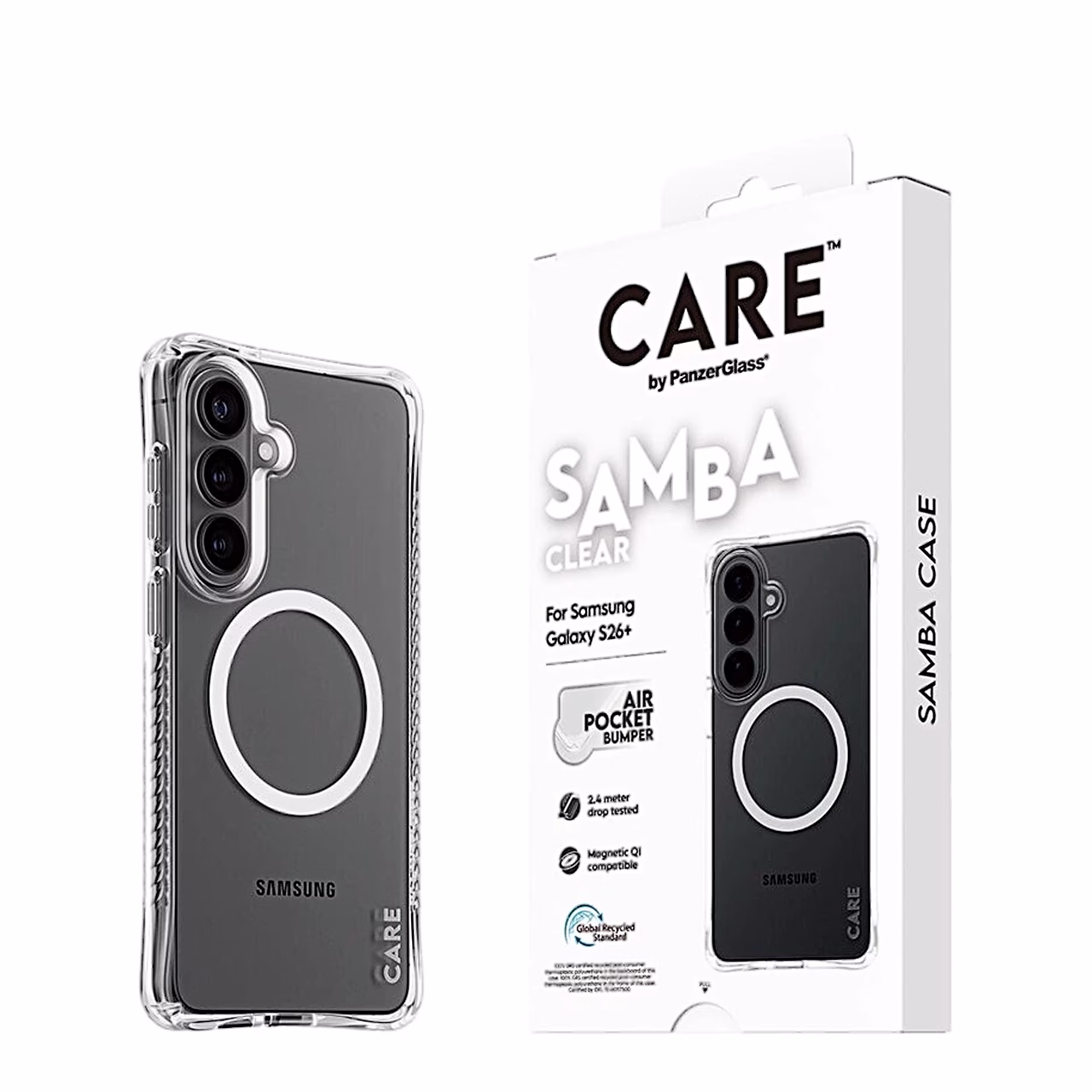 Ümbrisega Galaxy S26+ nurga alt ja CARE Samba Clear pakend küljelt
