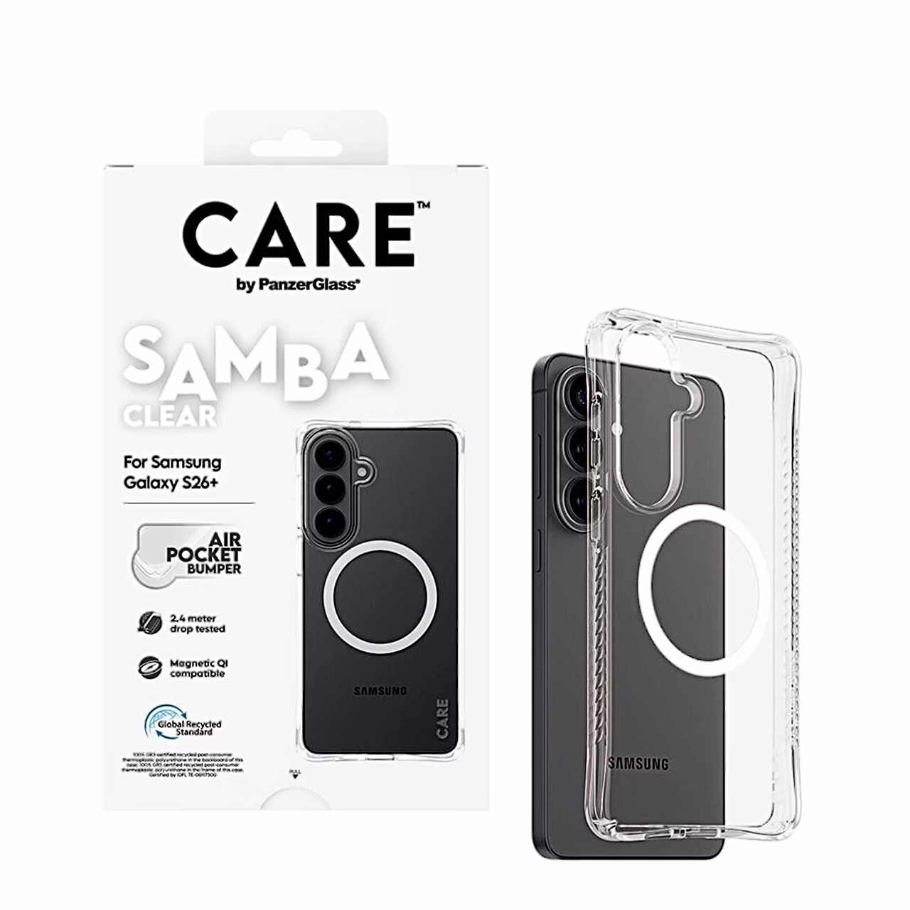 CARE Samba Clear pakend ja kaitseümbris Galaxy S26+ telefonil kaldvaates